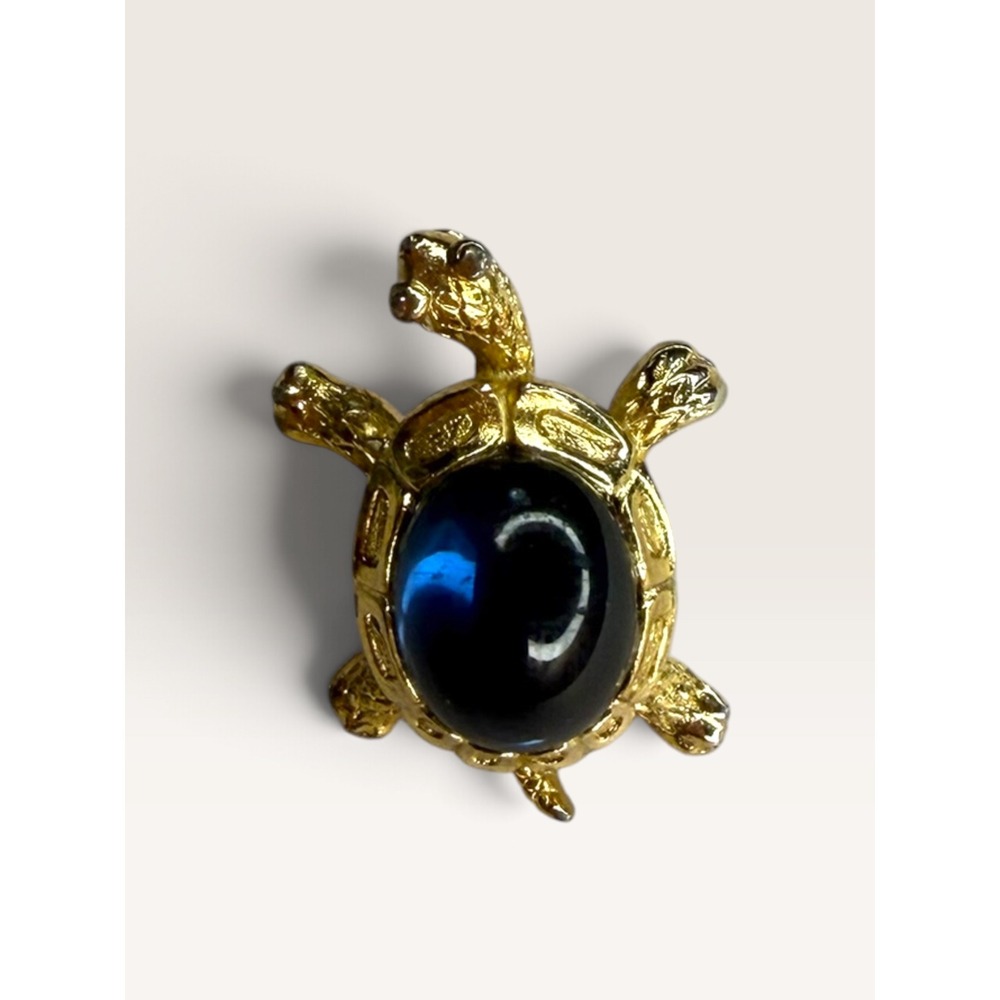 Vintage Gold Tone Turtle Domed Blue Glass Gem Lapel Pin